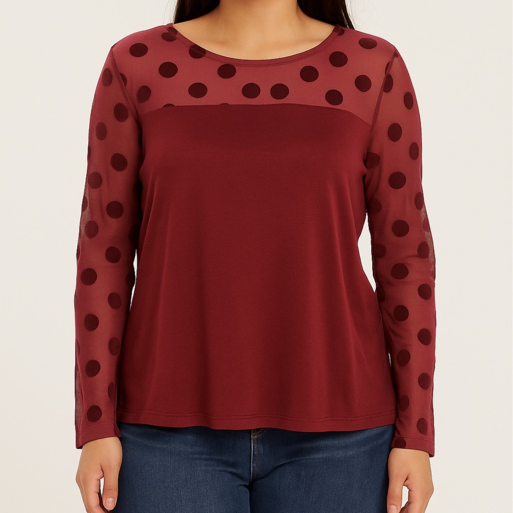 Retro Burgundy Polka Dot Sheer Sleeves Y2K Fall Christmas Cocktail Blouse Large